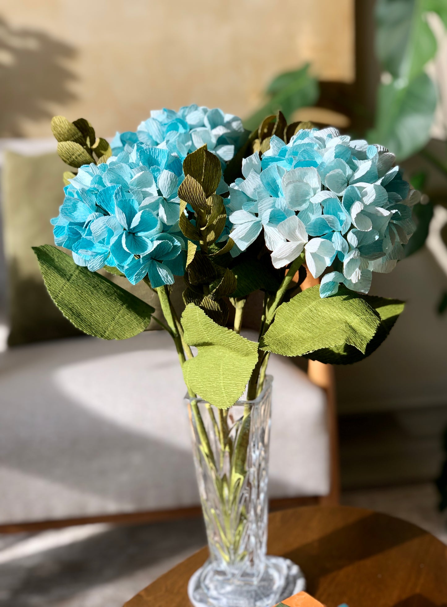 Realistic Handcrafted Crepe Paper Hydrangea Stem